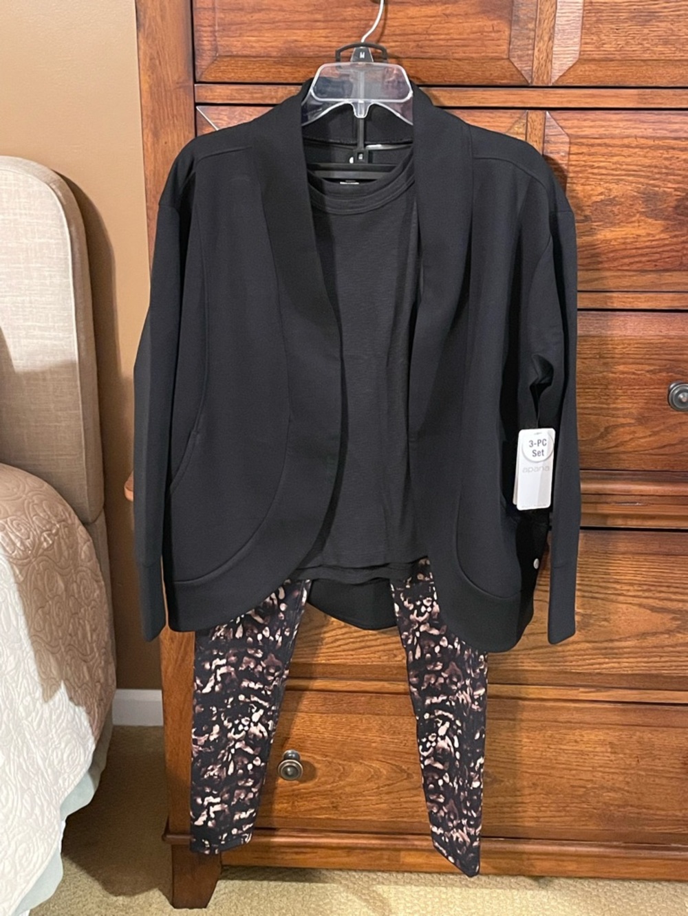 3-pc Set Apana Black Open-Front Jacket with Black Top & Patterned Leggings